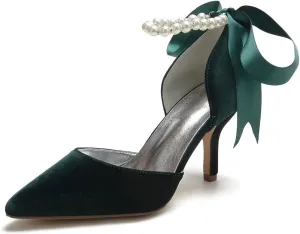 Women Velvet High Heel Shoes Pointed Toe Pearl Wedding Shoes Formal Evening Party Heels