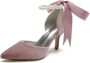 Women Velvet High Heel Shoes Pointed Toe Pearl Wedding Shoes Formal Evening Party Heels