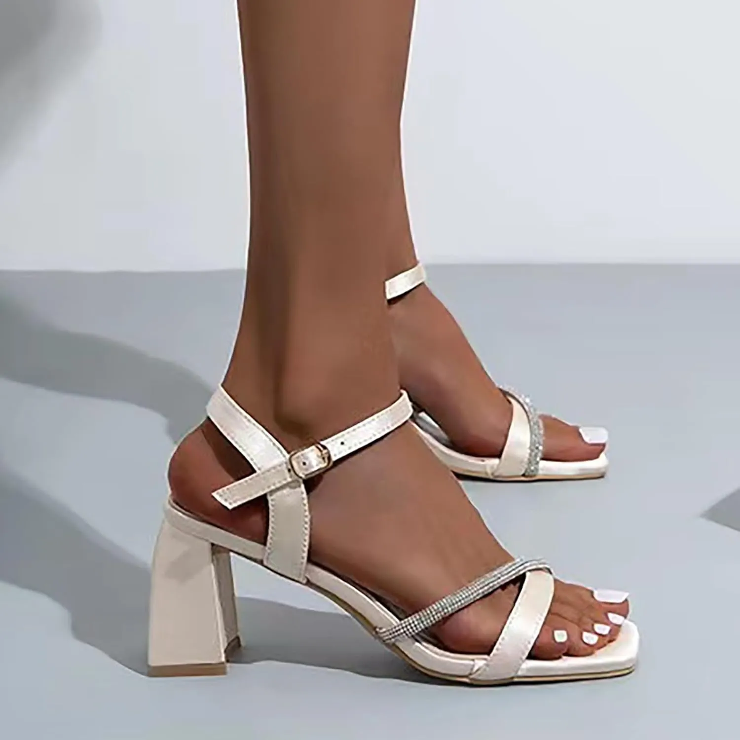 Women's Block Chunky Heel Sandals Square Open Toe Heels Glitter Wedding Sandals Ankle Strap Prom Dress Shoes