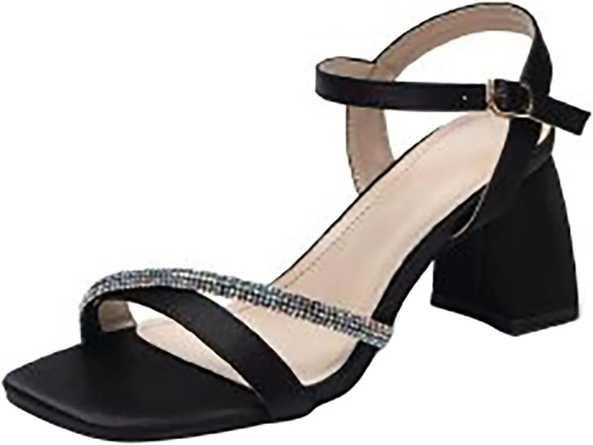 Women's Block Chunky Heel Sandals Square Open Toe Heels Glitter Wedding Sandals Ankle Strap Prom Dress Shoes