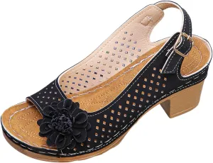 Women's Block Heel Sandals Summer Open Toe Ankle Buckle Strap Chunky Non Slip Casual Solid Color Hollow Out Floral Decor Sandals Lightweight Platform Wedge Fashion Footwear