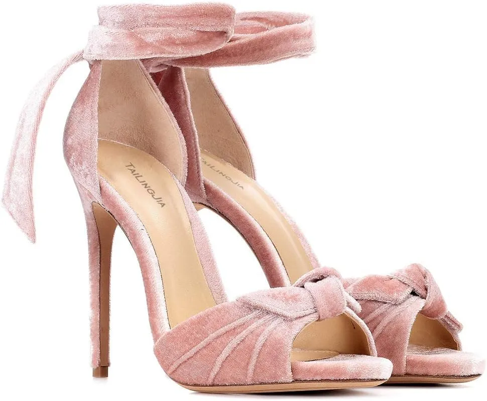 Womens Bow Tie Back Heels Close Toe Velvet Strappy Pumps Stiletto High Heels Wedding Shoes Ankle Strap Heel Sandals