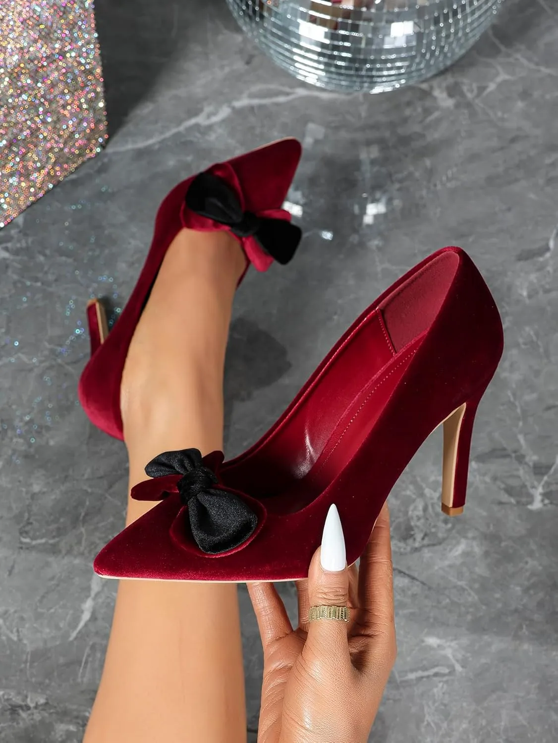 Women's Burgundy Velvet Pointed Toe High Heel Pumps, Black Bow Decoration, Elegant Evening Shoes, Chic Party Footwear, Trendy Formal High Heels
