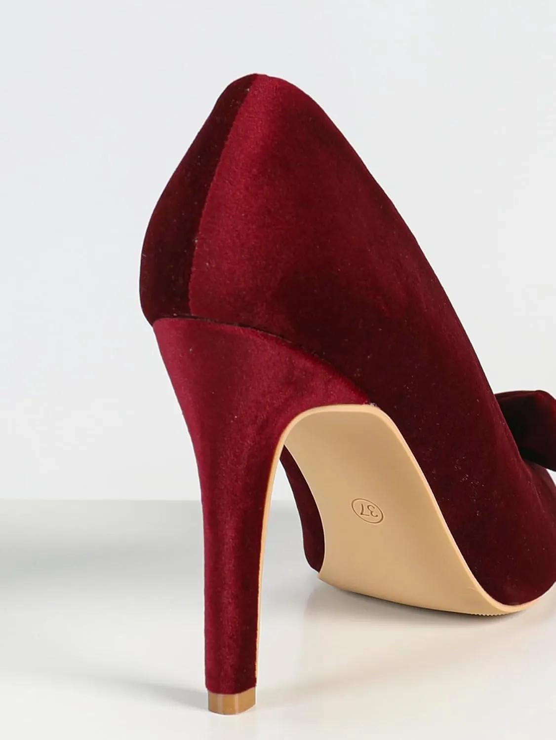 Women's Burgundy Velvet Pointed Toe High Heel Pumps, Black Bow Decoration, Elegant Evening Shoes, Chic Party Footwear, Trendy Formal High Heels