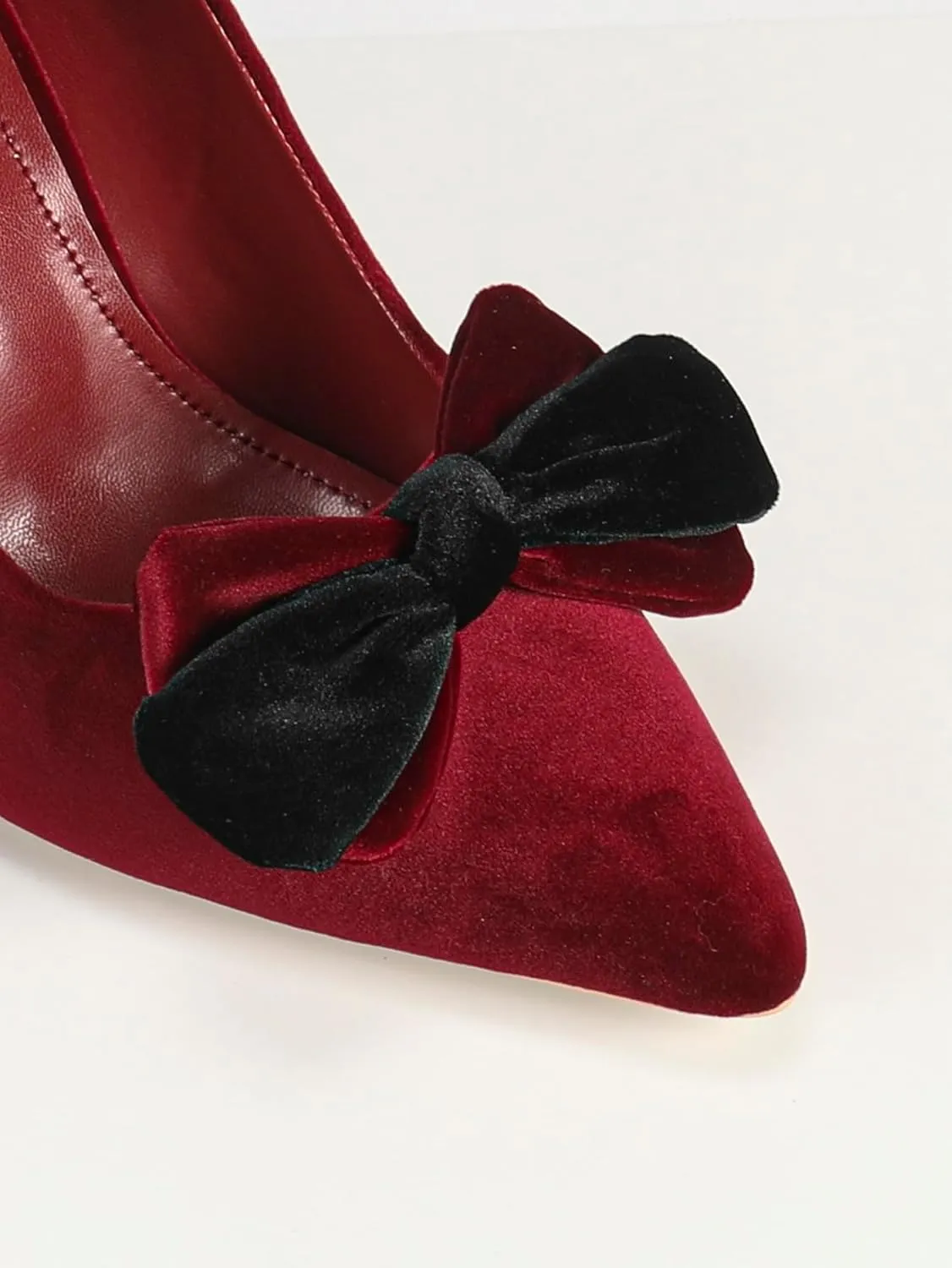 Women's Burgundy Velvet Pointed Toe High Heel Pumps, Black Bow Decoration, Elegant Evening Shoes, Chic Party Footwear, Trendy Formal High Heels