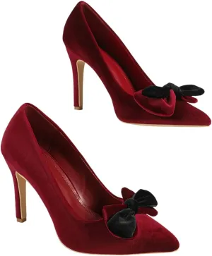 Women's Burgundy Velvet Pointed Toe High Heel Pumps, Black Bow Decoration, Elegant Evening Shoes, Chic Party Footwear, Trendy Formal High Heels