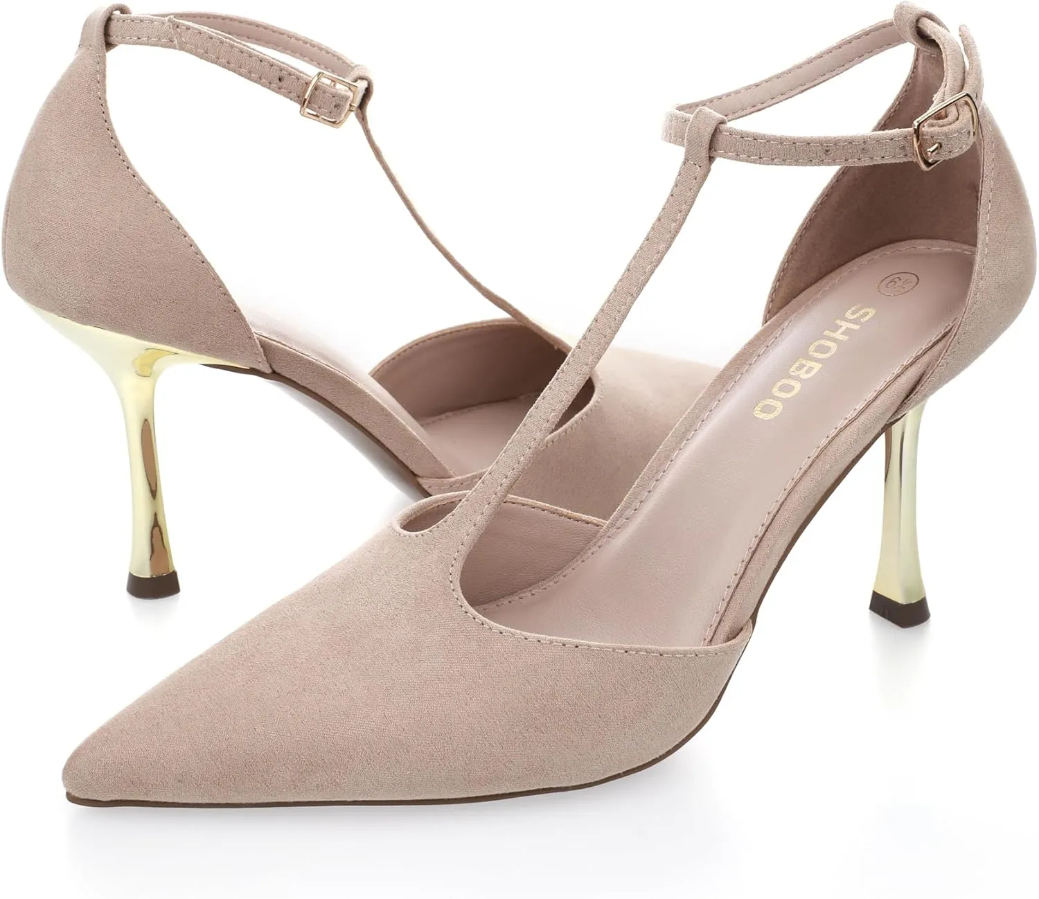Womens Closed Toe High Heels Stiletto Pointed Pumps Prom Party Office Dress Shoes with T Strap Ankle Strap Shiny Heel
