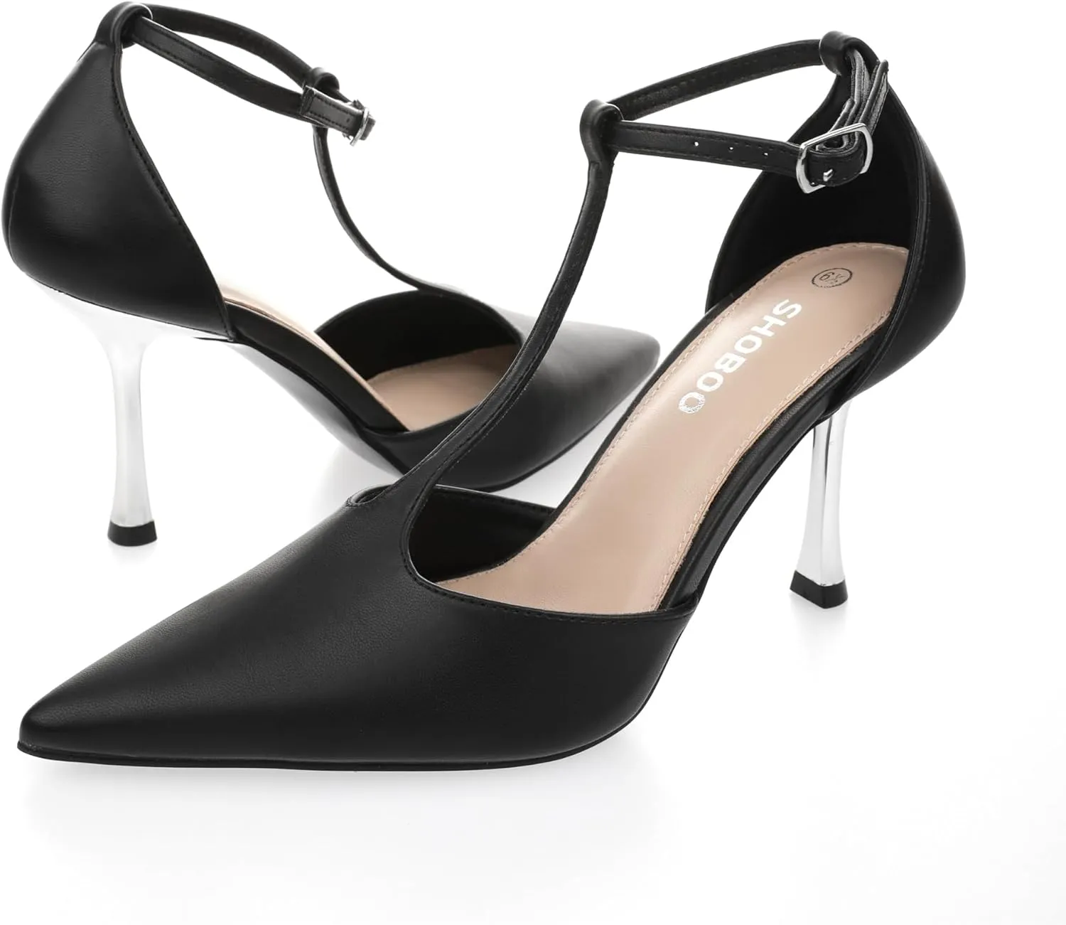 Womens Closed Toe High Heels Stiletto Pointed Pumps Prom Party Office Dress Shoes with T Strap Ankle Strap Shiny Heel