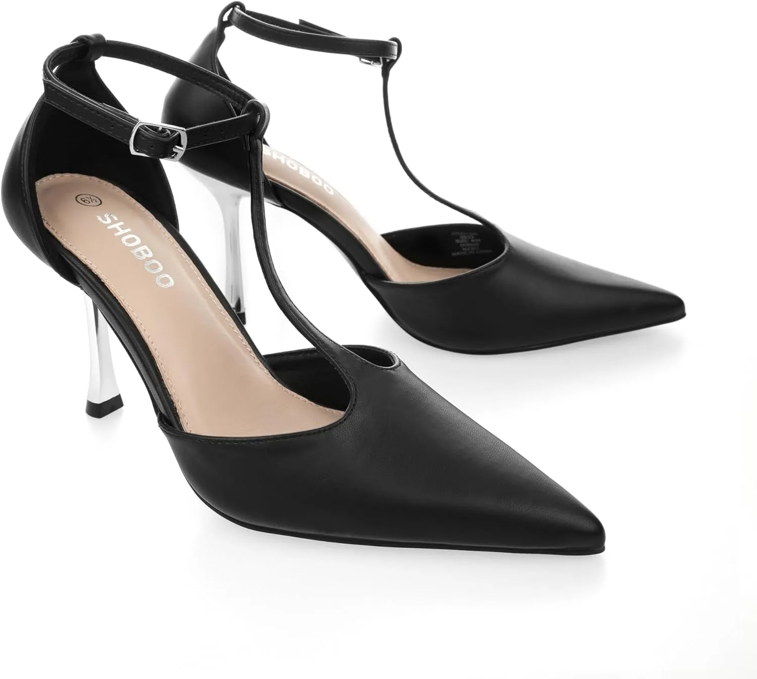 Womens Closed Toe High Heels Stiletto Pointed Pumps Prom Party Office Dress Shoes with T Strap Ankle Strap Shiny Heel