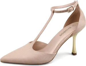 Womens Closed Toe High Heels Stiletto Pointed Pumps Prom Party Office Dress Shoes with T Strap Ankle Strap Shiny Heel