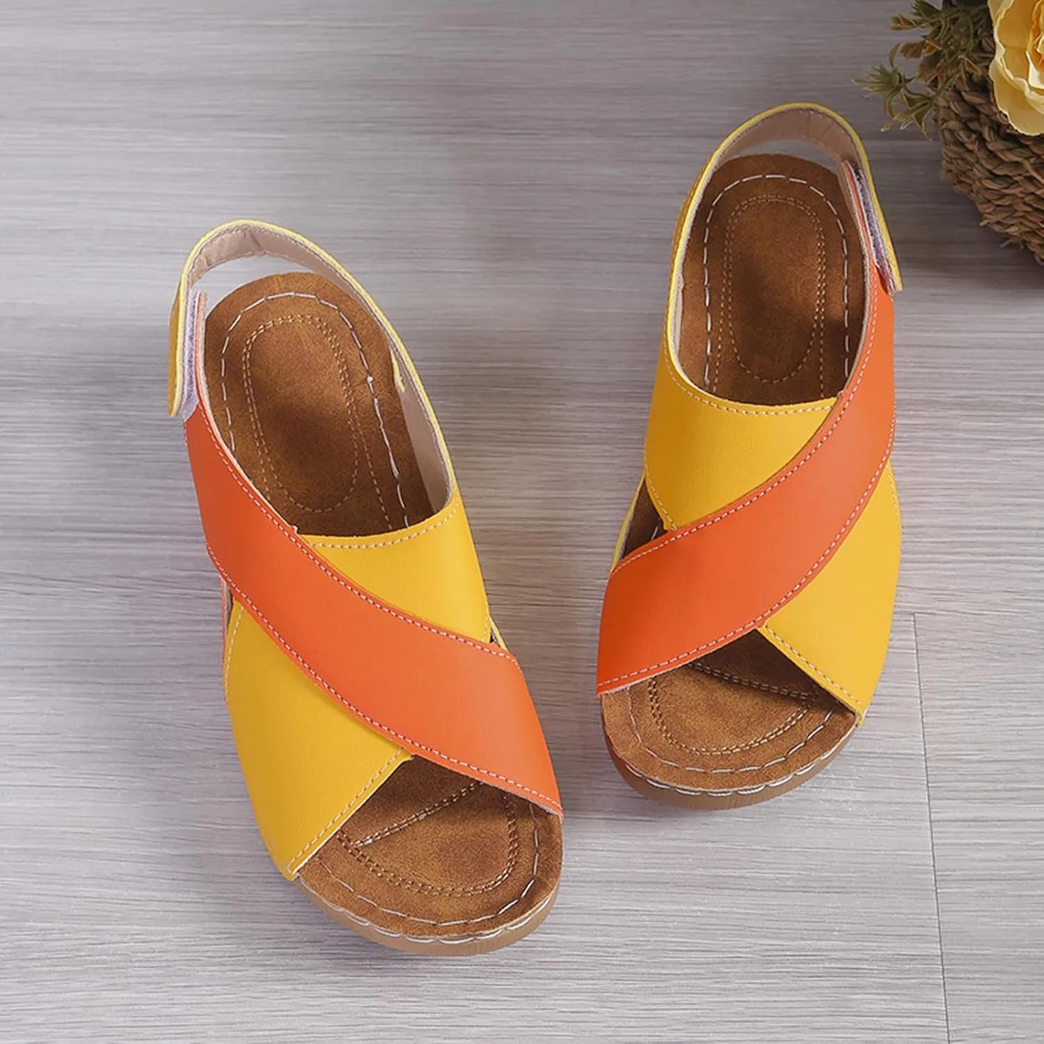 Women's Cross Thick Strappy Sandals Colorblock Hook and Loop Shoe Rubber Sole Summer Spring Sandal Casual Shoes