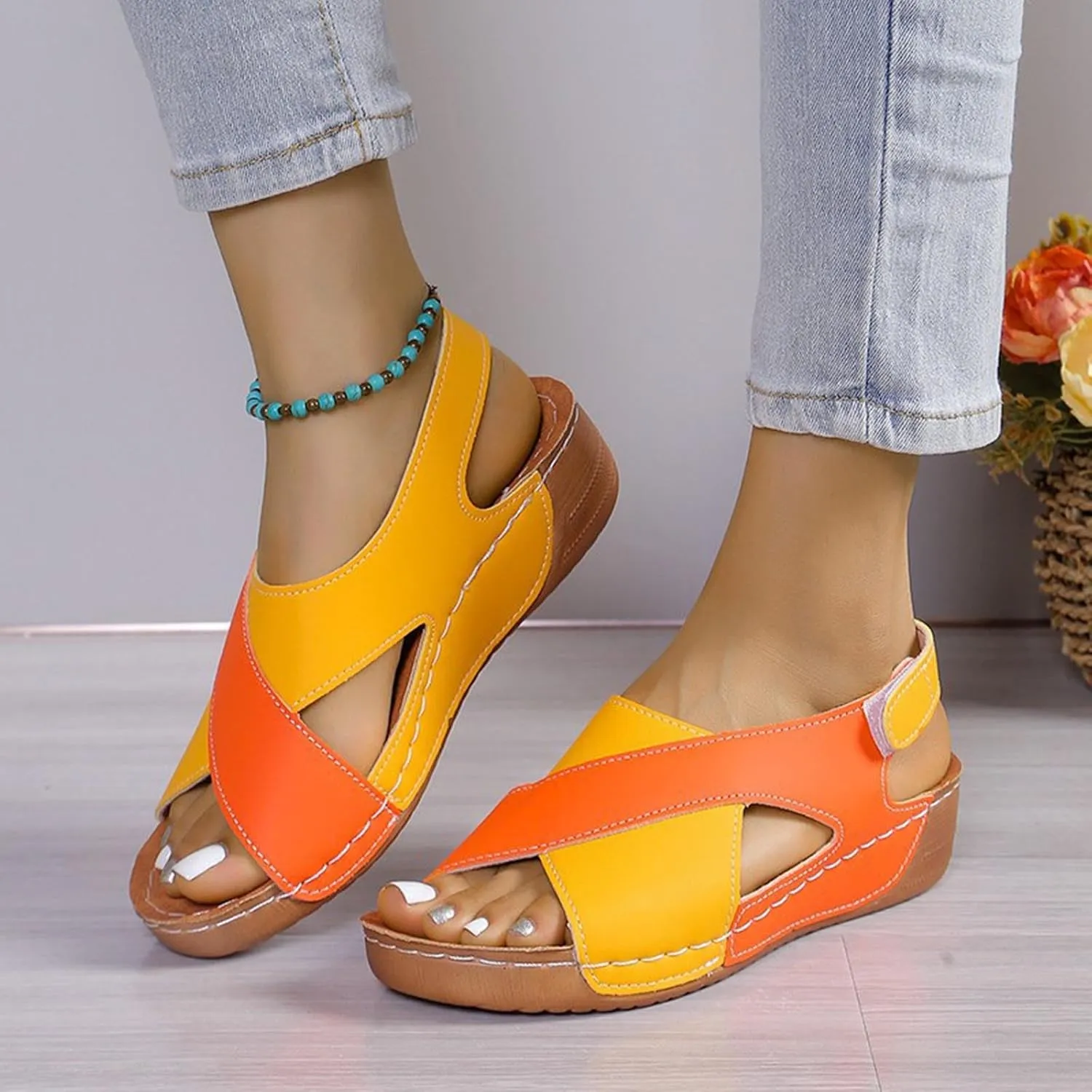 Women's Cross Thick Strappy Sandals Colorblock Hook and Loop Shoe Rubber Sole Summer Spring Sandal Casual Shoes