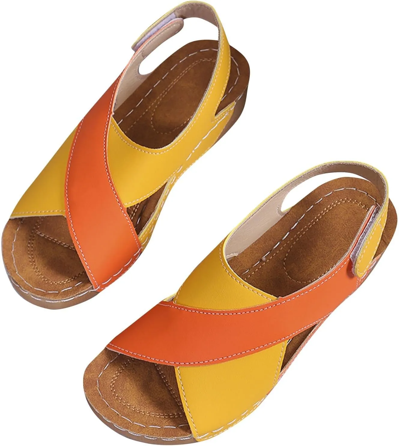 Women's Cross Thick Strappy Sandals Colorblock Hook and Loop Shoe Rubber Sole Summer Spring Sandal Casual Shoes