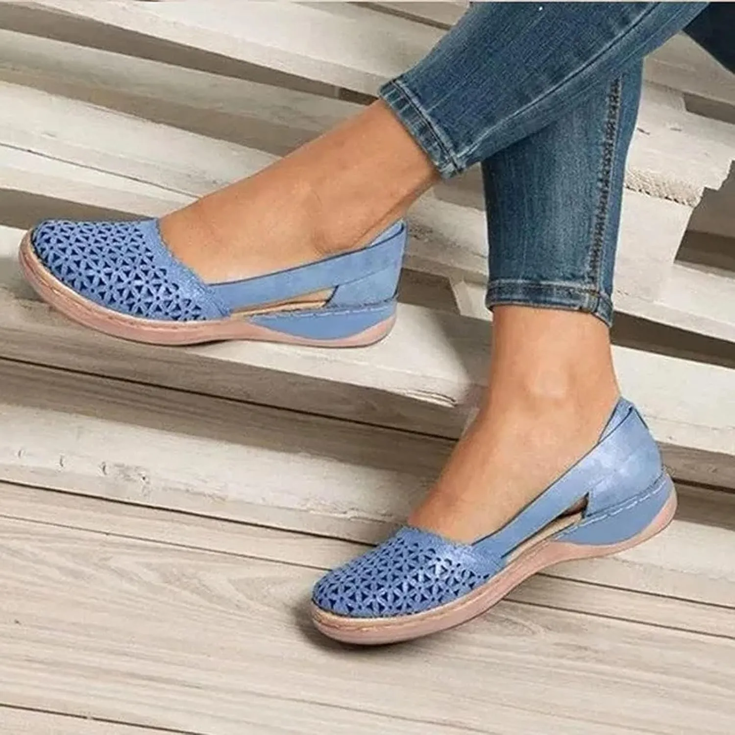Womens Fusaro Shoes Leather Baotou Hollow Wedge Sandals Round Toe Platform Loafers Fashion Closed Toe Flat Sandal Lightweight Flat Sole Walking Shoes