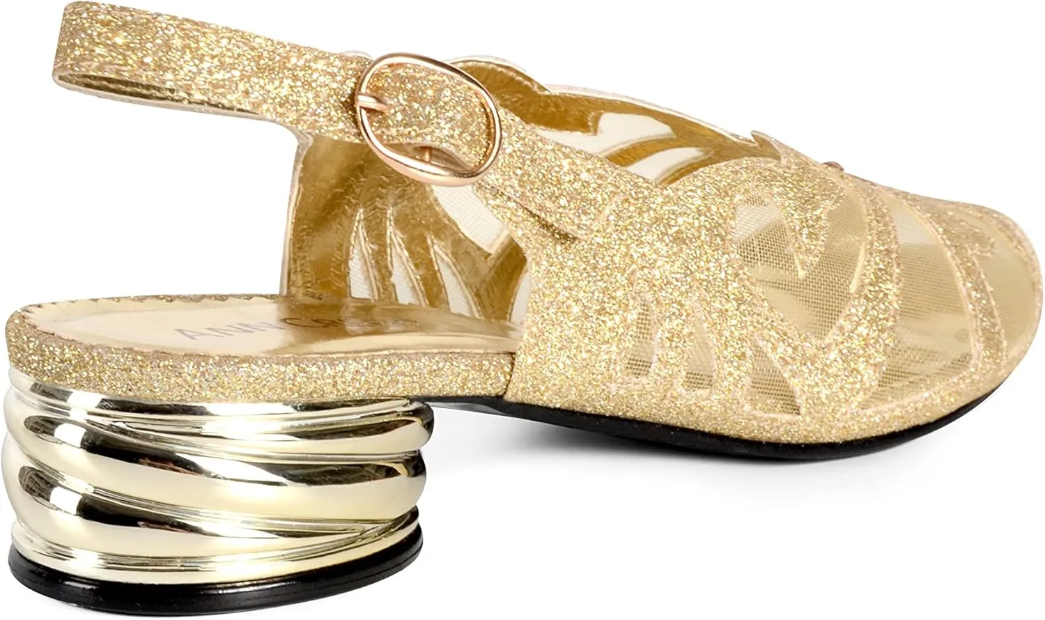 Women's Glittering Peep Toe Slingback Sandal - Mesh Upper, Chunky Low Heels, Open Toe, Back Slingback