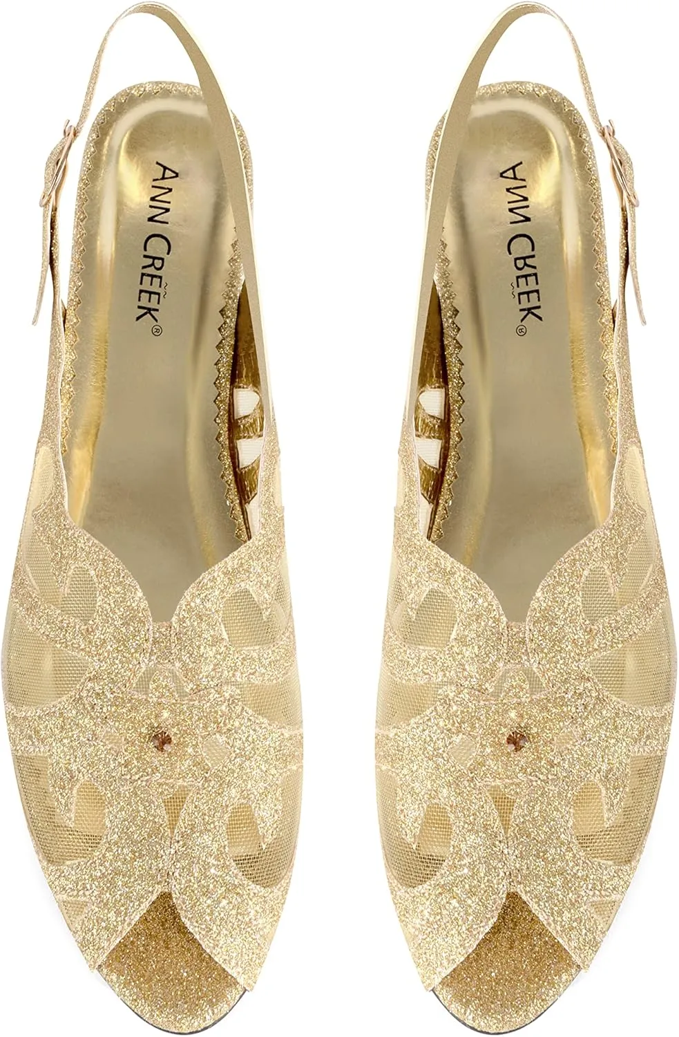 Women's Glittering Peep Toe Slingback Sandal - Mesh Upper, Chunky Low Heels, Open Toe, Back Slingback