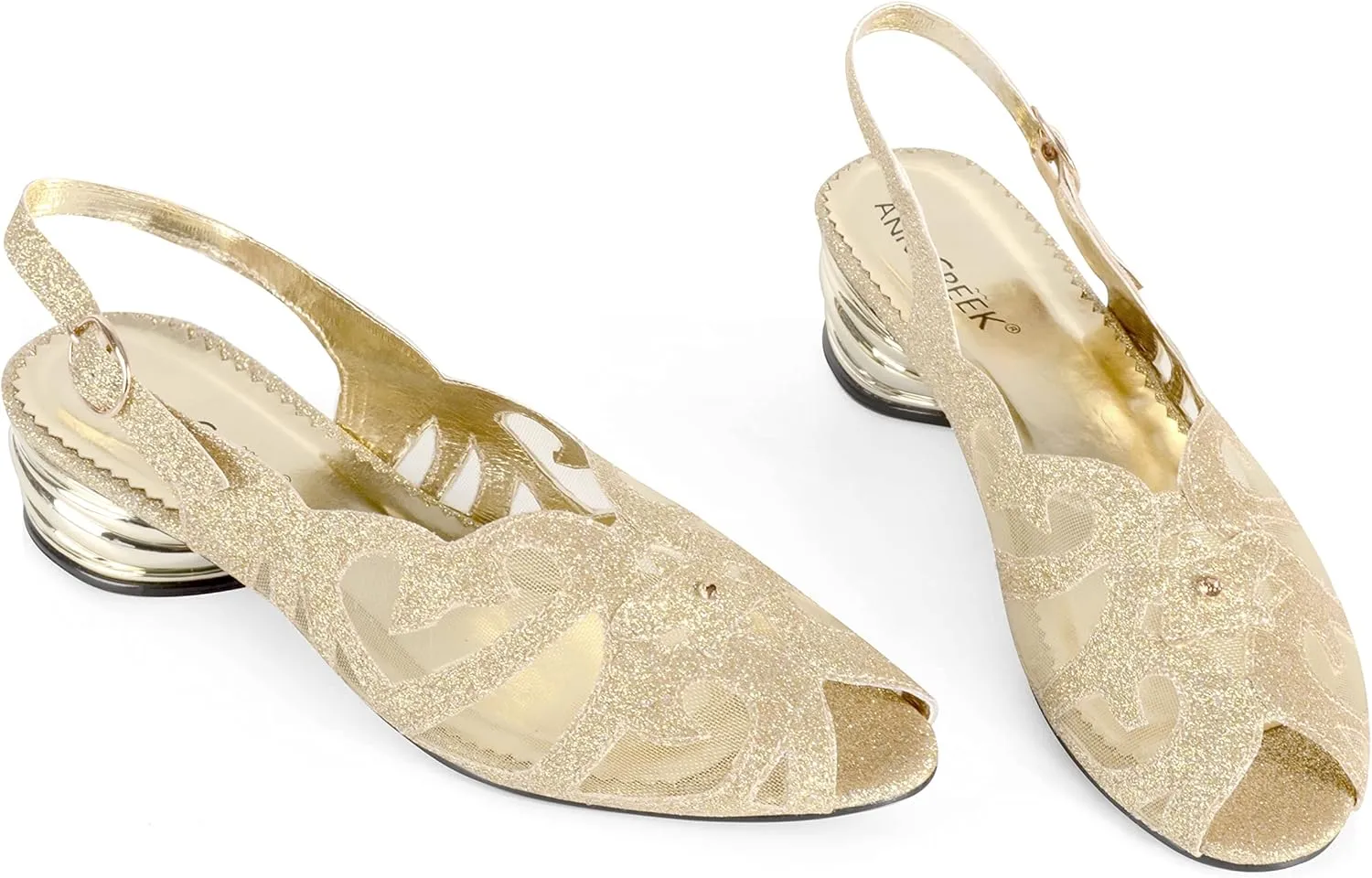 Women's Glittering Peep Toe Slingback Sandal - Mesh Upper, Chunky Low Heels, Open Toe, Back Slingback