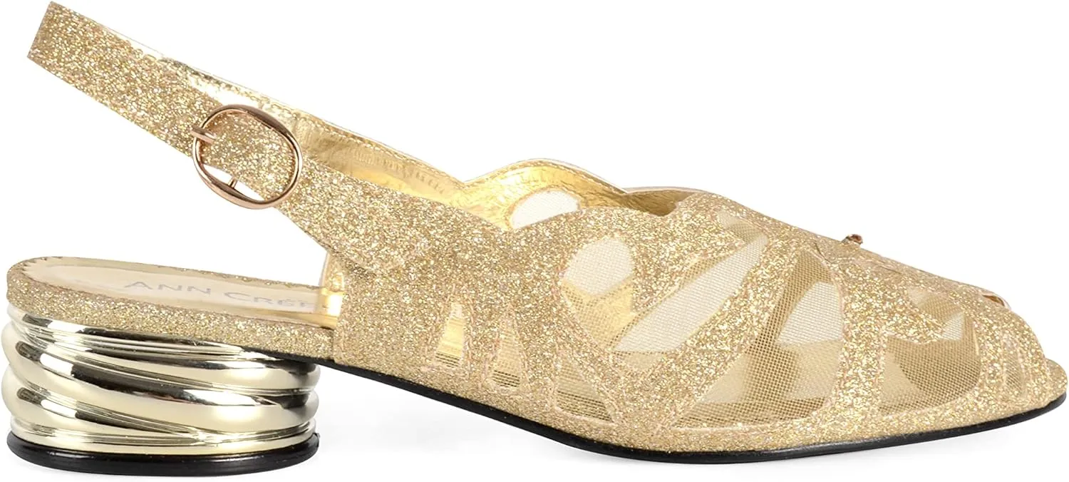 Women's Glittering Peep Toe Slingback Sandal - Mesh Upper, Chunky Low Heels, Open Toe, Back Slingback