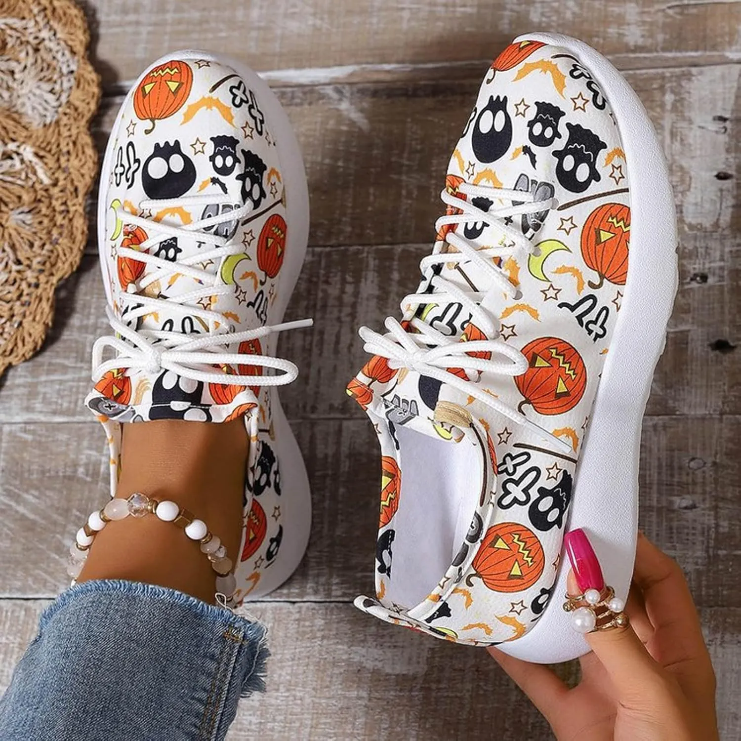 Womens Halloween Pumpkin Sneakers Print Canvas Shoes Halloween Decorations Slip On Loafers Low Top Casual Shoes Canvas Sneaekers Flat Tennis Comfortable Walking Shoes