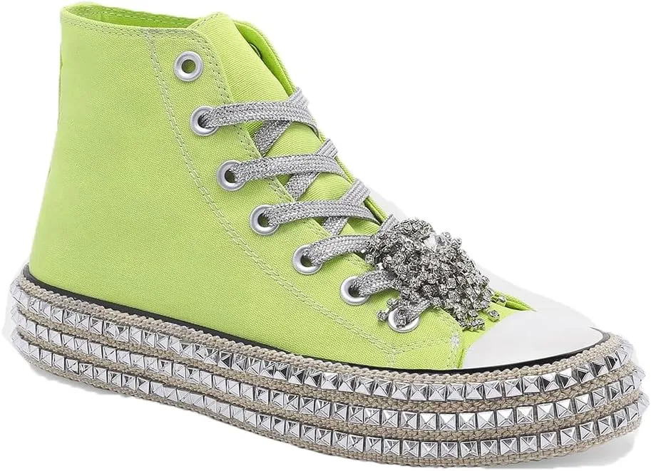 Womens High-Top Canvas Sneakers Studded Rhinestone Side Shoes Lace Up Fashion Shoes Casual Platform Ankle Boots