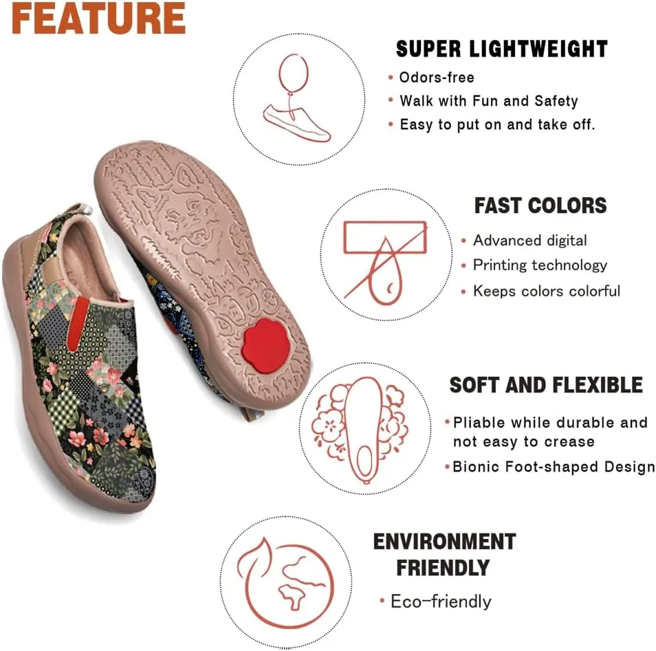 Womens Leather Shoes Loafers Slip On Casual Travel Shoes Ultra Light Floral Art Fashion Sneakers