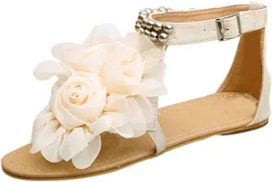 Women's Mesh Floral Embellished Sandals Steel Ball Trim Hook and Eye Shoe Clip Toe Strappy Trendy Thong Sandal