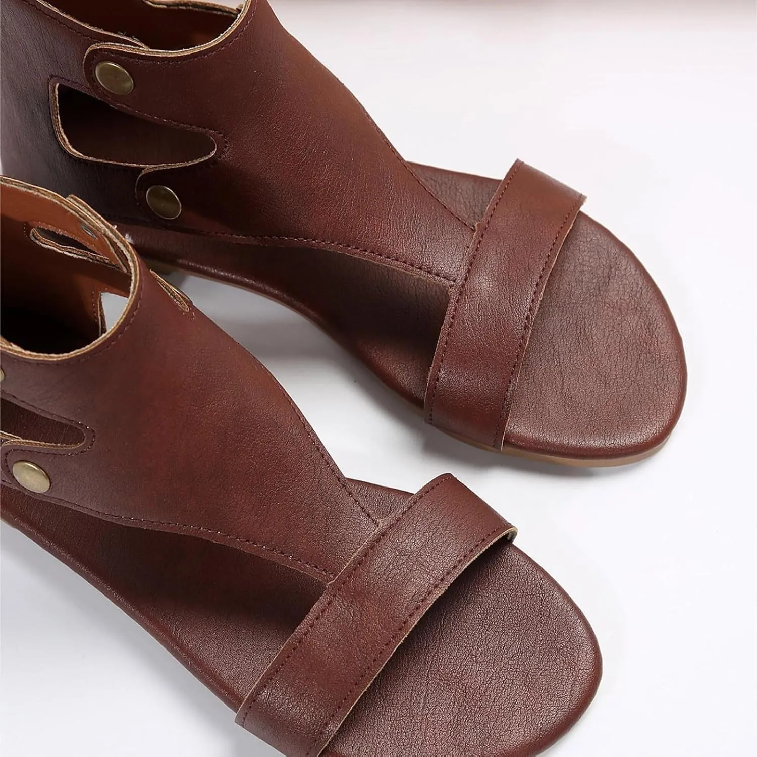Women's Open Toe Leather Sandals Vintage Solid Side Buckle Shoe Back Zipper Retro Goth Flat Durable Summer Sandal