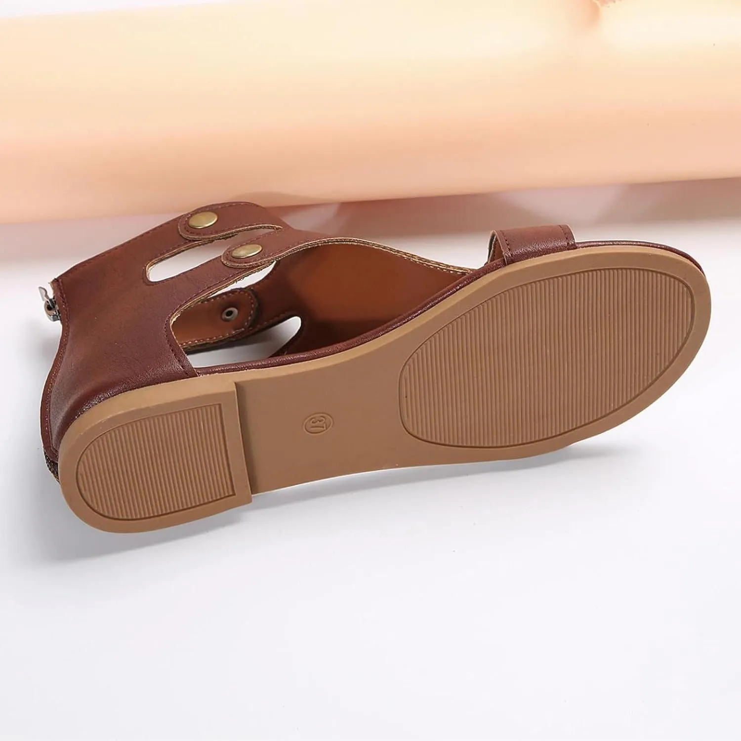 Women's Open Toe Leather Sandals Vintage Solid Side Buckle Shoe Back Zipper Retro Goth Flat Durable Summer Sandal