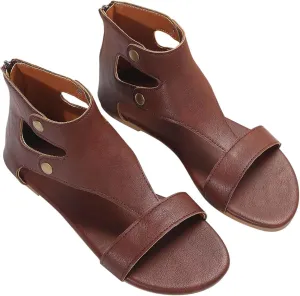 Women's Open Toe Leather Sandals Vintage Solid Side Buckle Shoe Back Zipper Retro Goth Flat Durable Summer Sandal