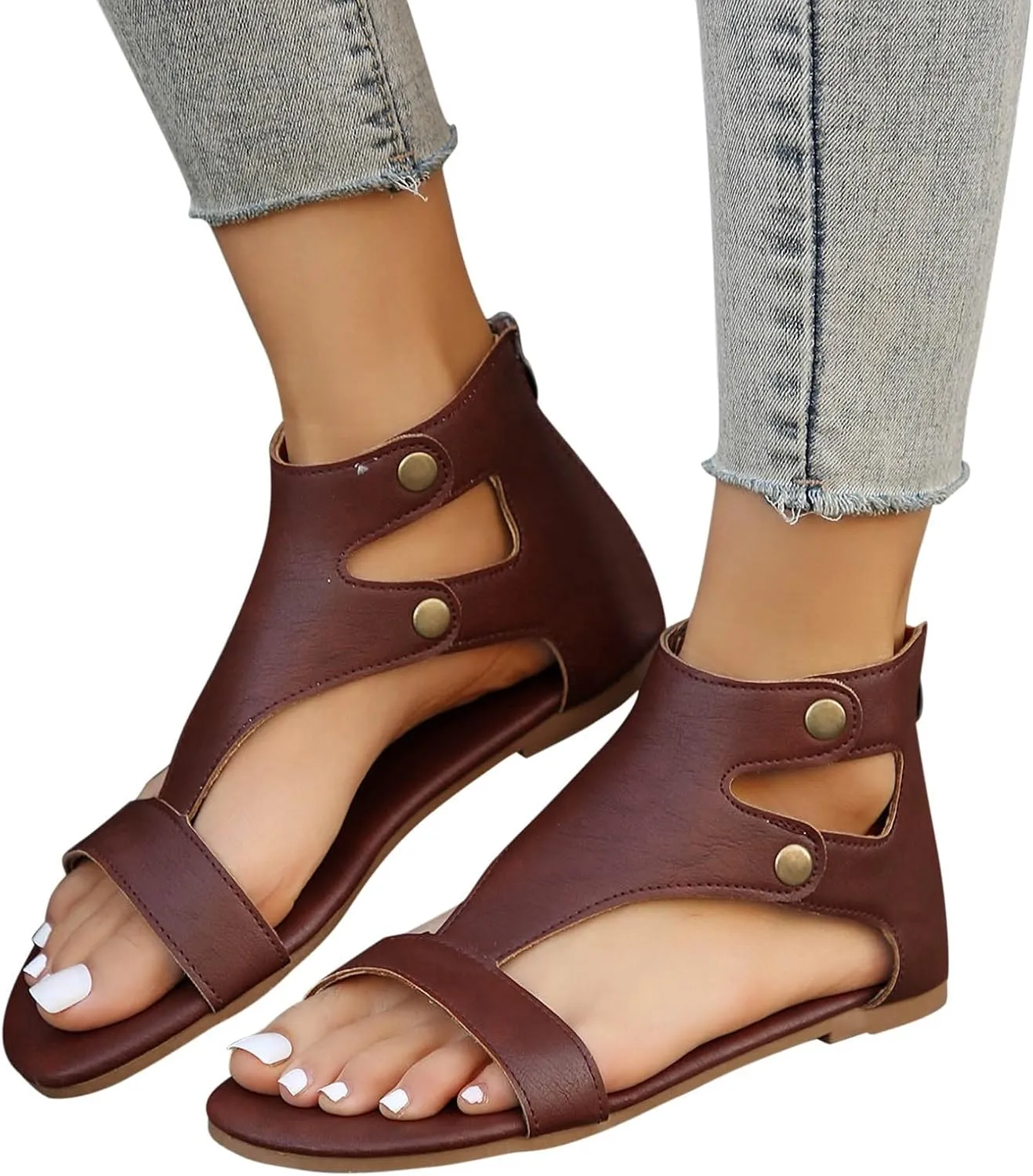 Women's Open Toe Leather Sandals Vintage Solid Side Buckle Shoe Back Zipper Retro Goth Flat Durable Summer Sandal