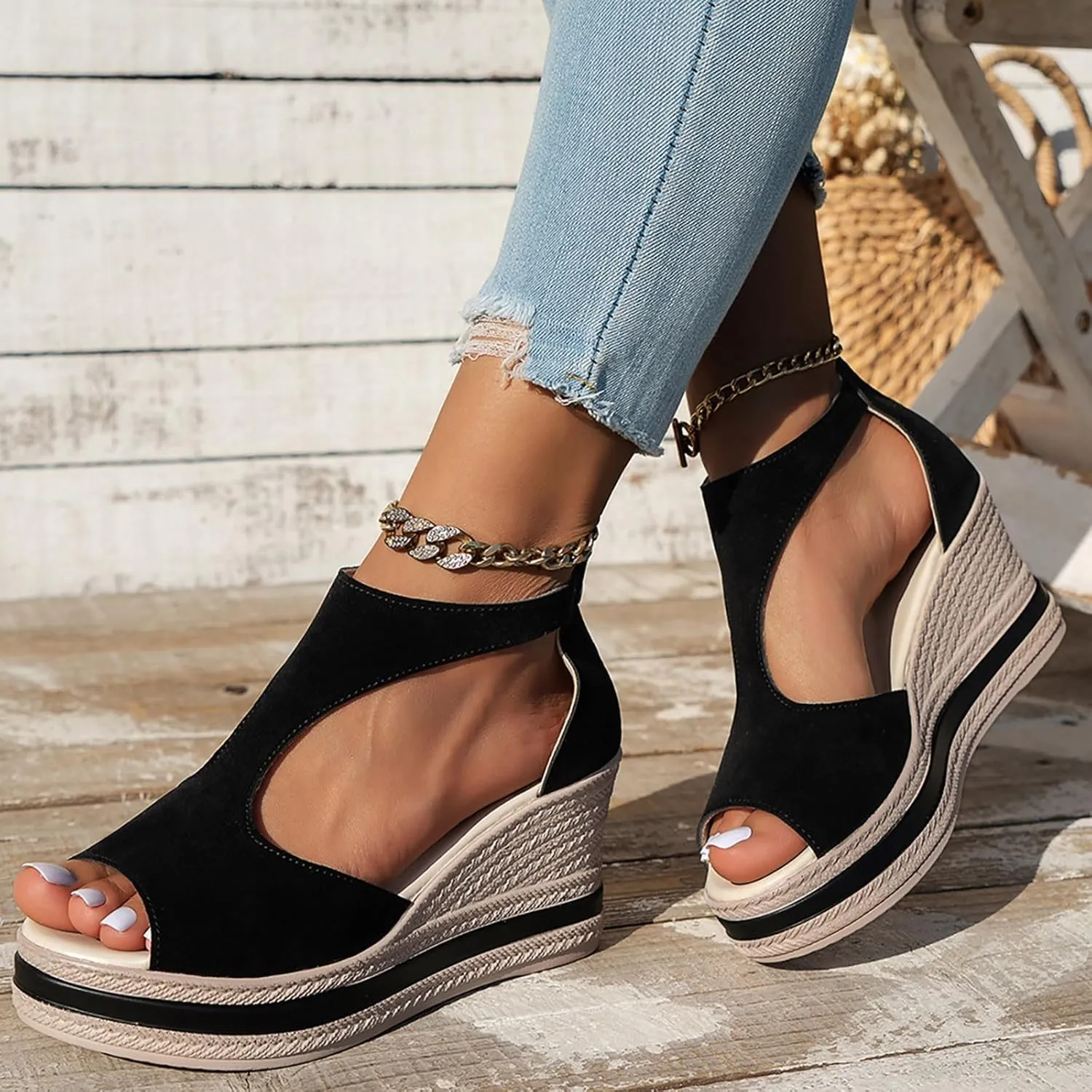 Women's Orthopedic High Heels Wedge Sandals For Women Platform Wedges Womens Dress Sexy Open Toe Summer Back Zipper Fish Mouth Shoes Closure Casual Suede Leather Beach Boho Outdoor Sandal