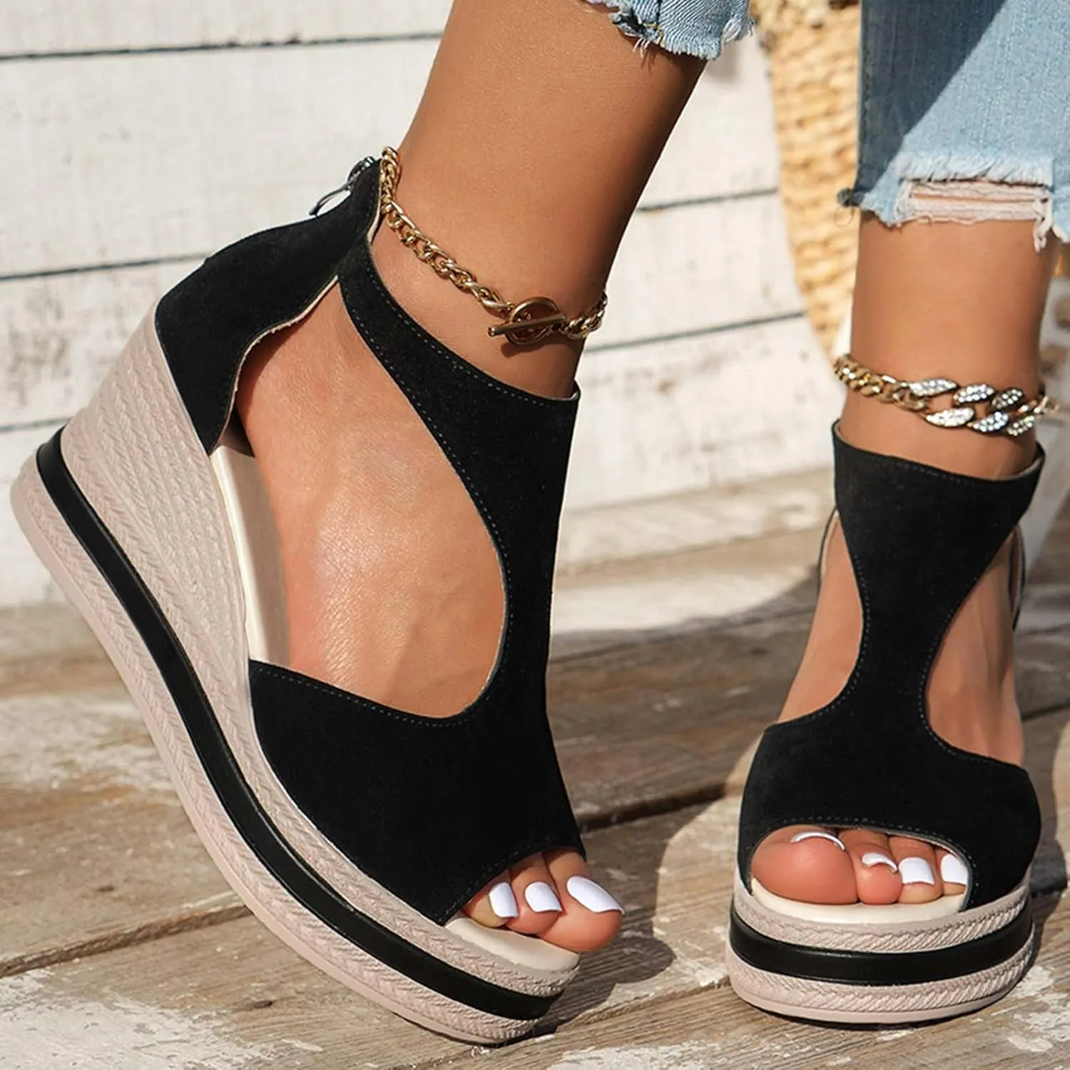 Women's Orthopedic High Heels Wedge Sandals For Women Platform Wedges Womens Dress Sexy Open Toe Summer Back Zipper Fish Mouth Shoes Closure Casual Suede Leather Beach Boho Outdoor Sandal
