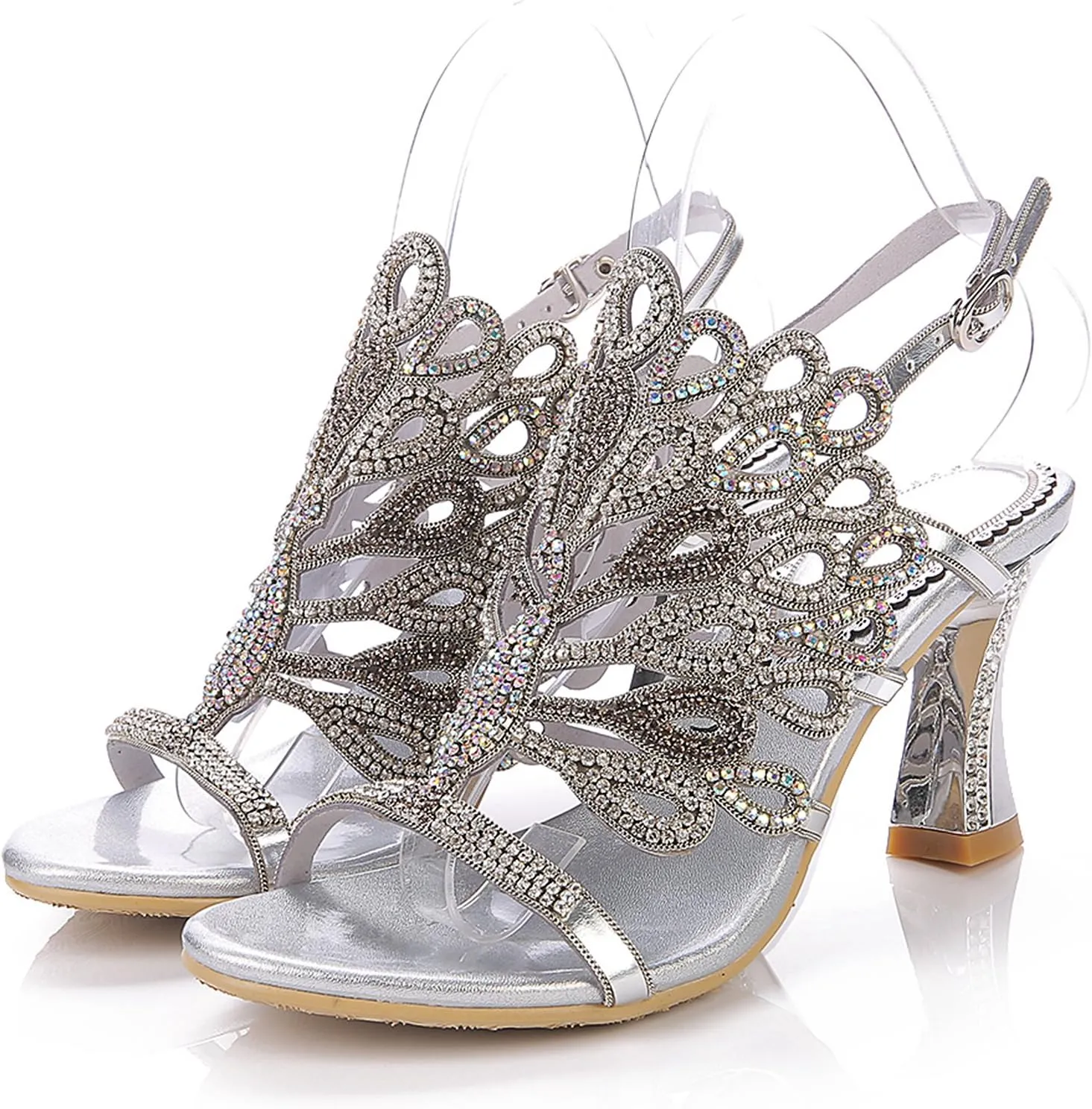 Women's Rhinestone Peacock Patterned Handmade Sandals with Chunky Heel