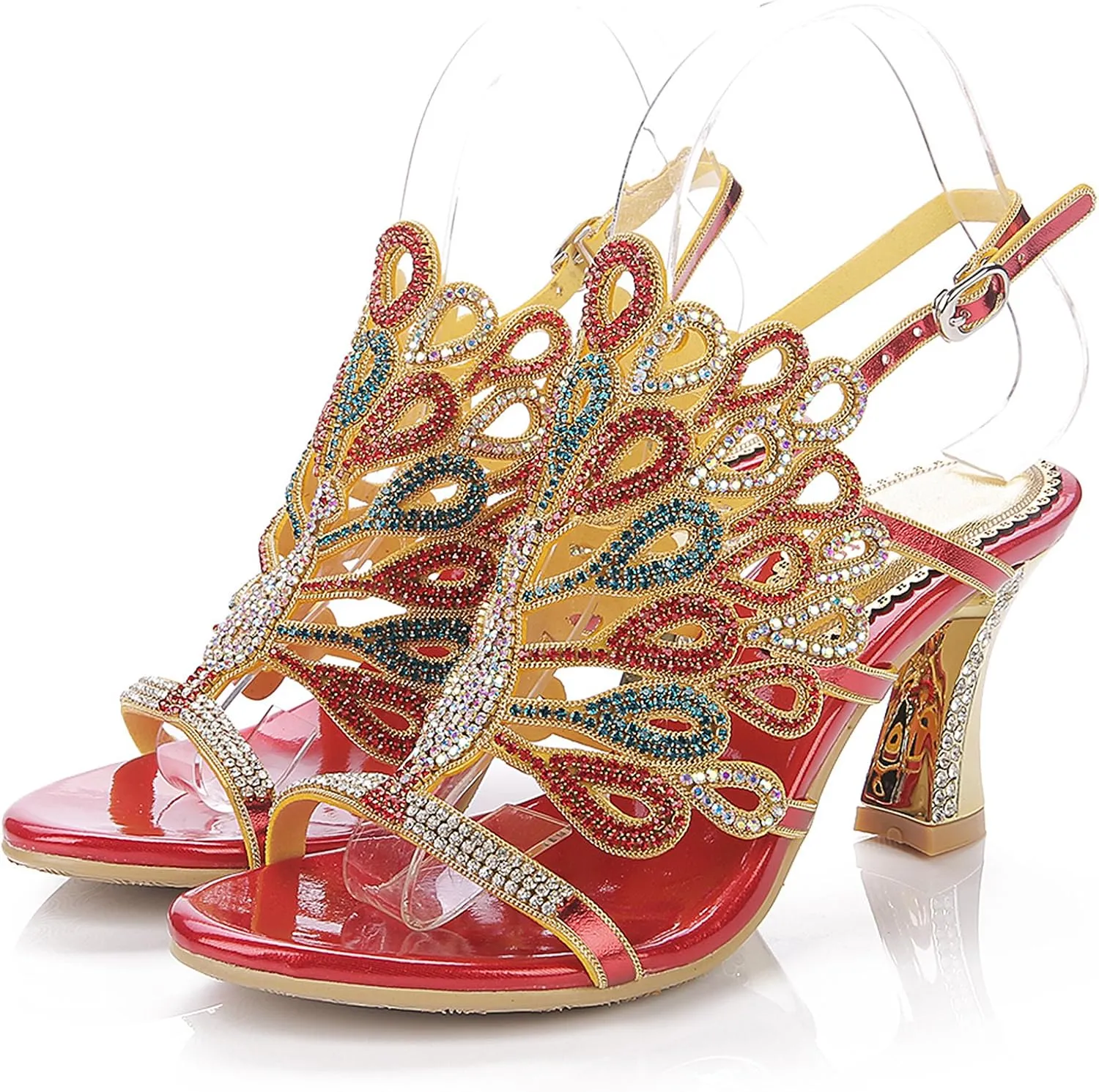 Women's Rhinestone Peacock Patterned Handmade Sandals with Chunky Heel