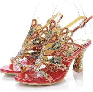 Women's Rhinestone Peacock Patterned Handmade Sandals with Chunky Heel