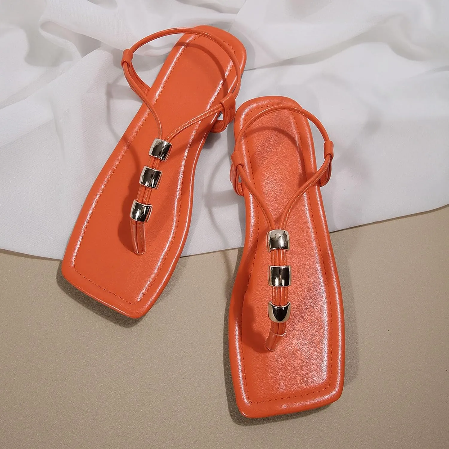 Women's Sandals Flat Bottomed Square Toe Beaded Women's Sandals Fashionable Flat Heels Slipper