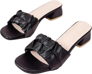 Women'S Sandals Square Open Toe Block Heels Sandals,Slip On Chunky Low Heeled Slippers Pleated Soft Leather Slippers