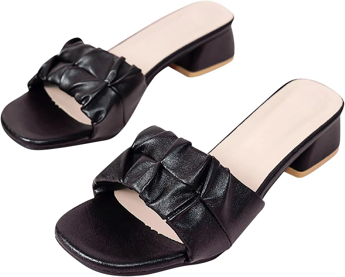 Women'S Sandals Square Open Toe Block Heels Sandals,Slip On Chunky Low Heeled Slippers Pleated Soft Leather Slippers