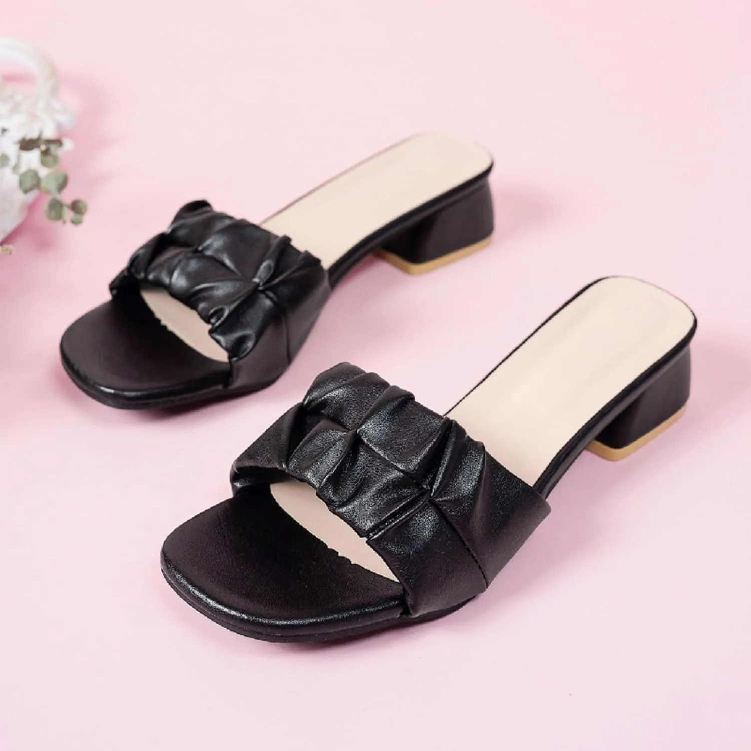Women'S Sandals Square Open Toe Block Heels Sandals,Slip On Chunky Low Heeled Slippers Pleated Soft Leather Slippers