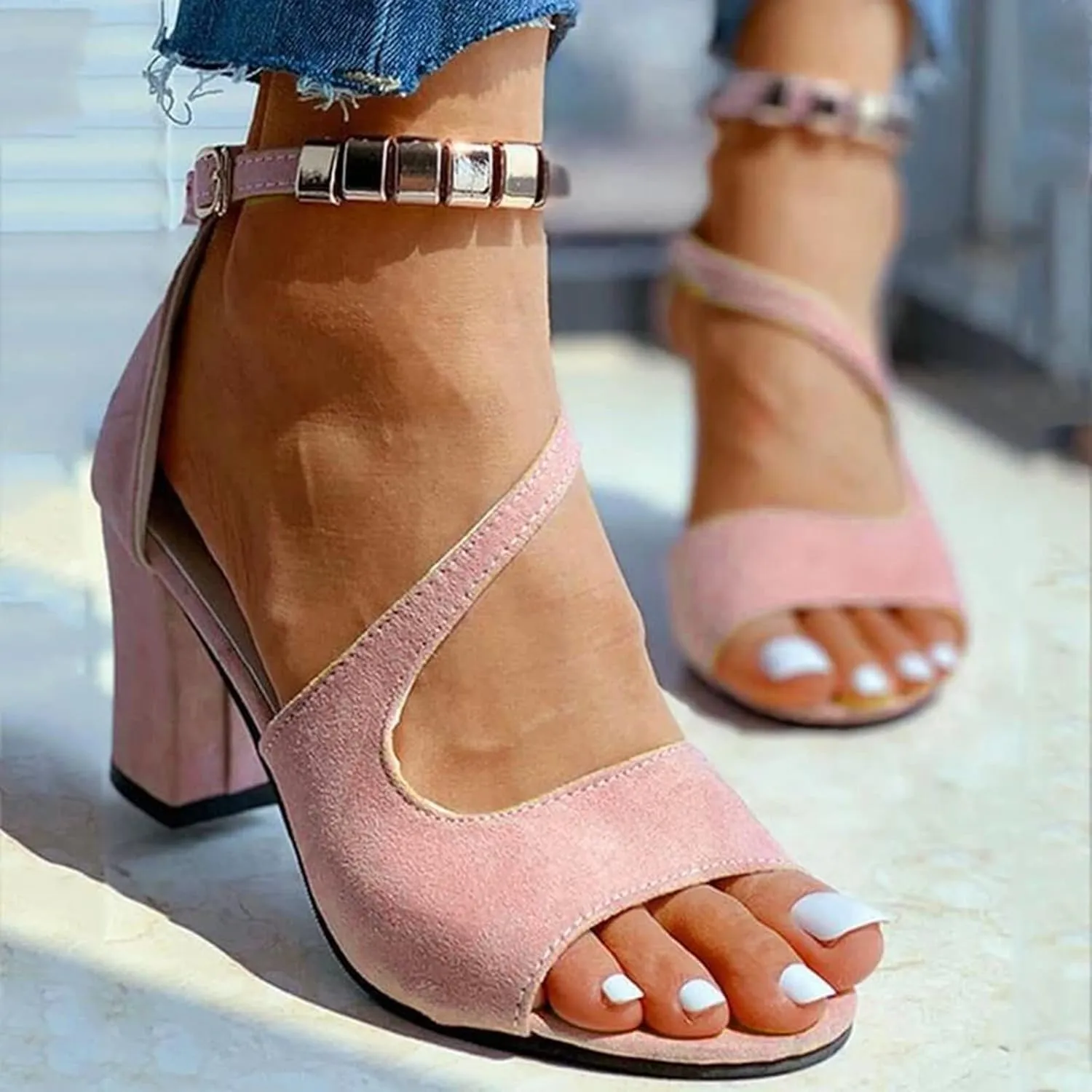 Womens Sandalsopen Toe Dressy Block Heel Sandals Fashion Ankle Strappy Heels Dress Wedding Bridal Shoes