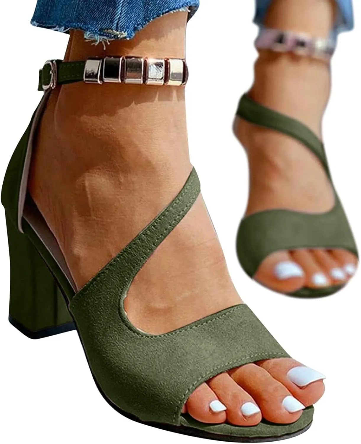 Womens Sandalsopen Toe Dressy Block Heel Sandals Fashion Ankle Strappy Heels Dress Wedding Bridal Shoes