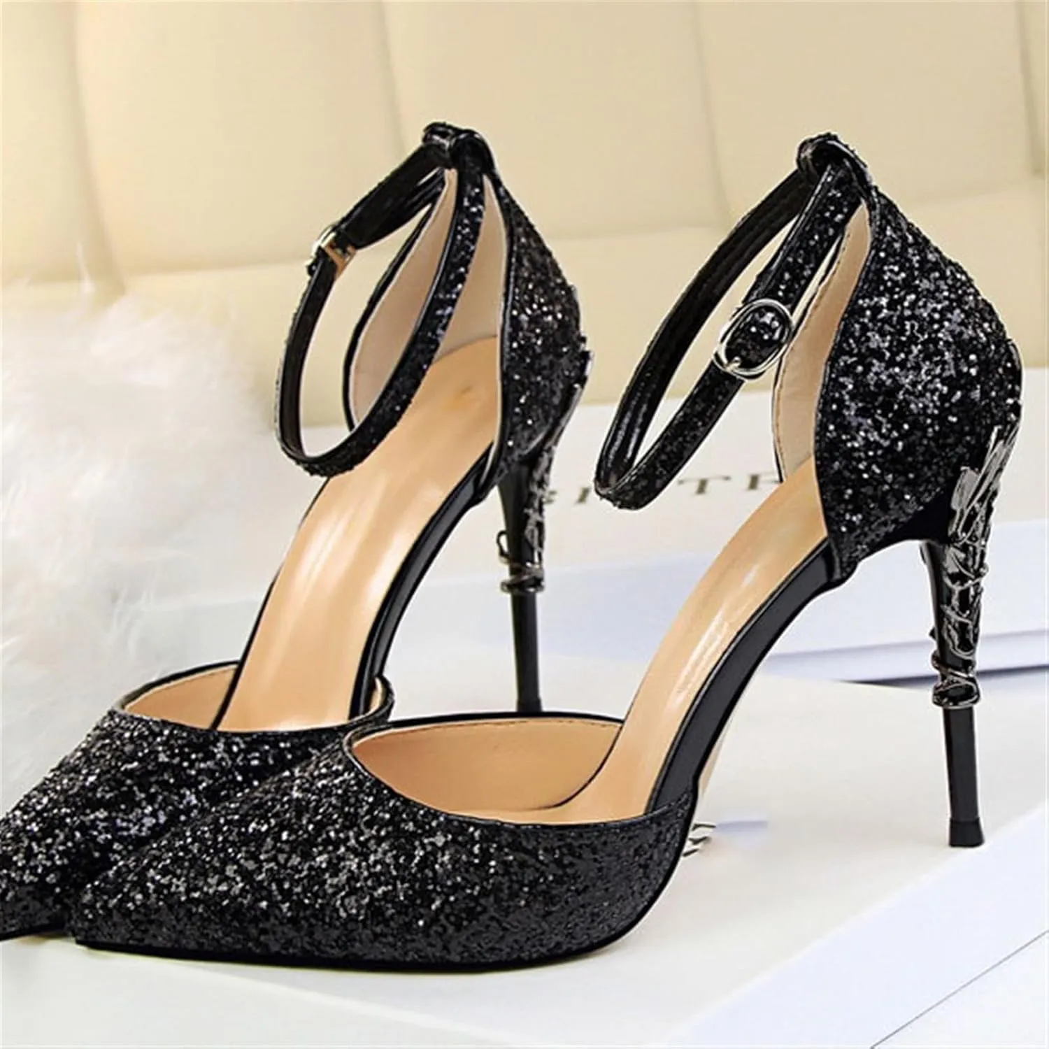 Womens Shiny Sequins High Heels Pointed Toe Ankle Strap Stiletto Pumps Sandals Sexy Wedding Party Dress Shoes