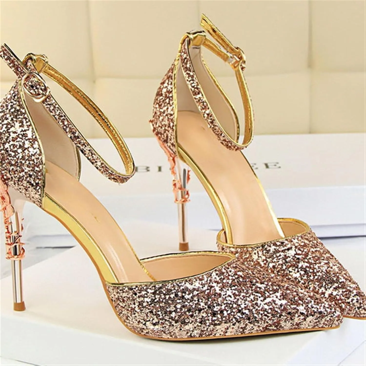 Womens Shiny Sequins High Heels Pointed Toe Ankle Strap Stiletto Pumps Sandals Sexy Wedding Party Dress Shoes