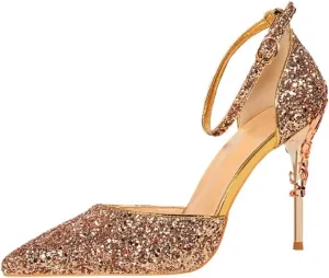 Womens Shiny Sequins High Heels Pointed Toe Ankle Strap Stiletto Pumps Sandals Sexy Wedding Party Dress Shoes