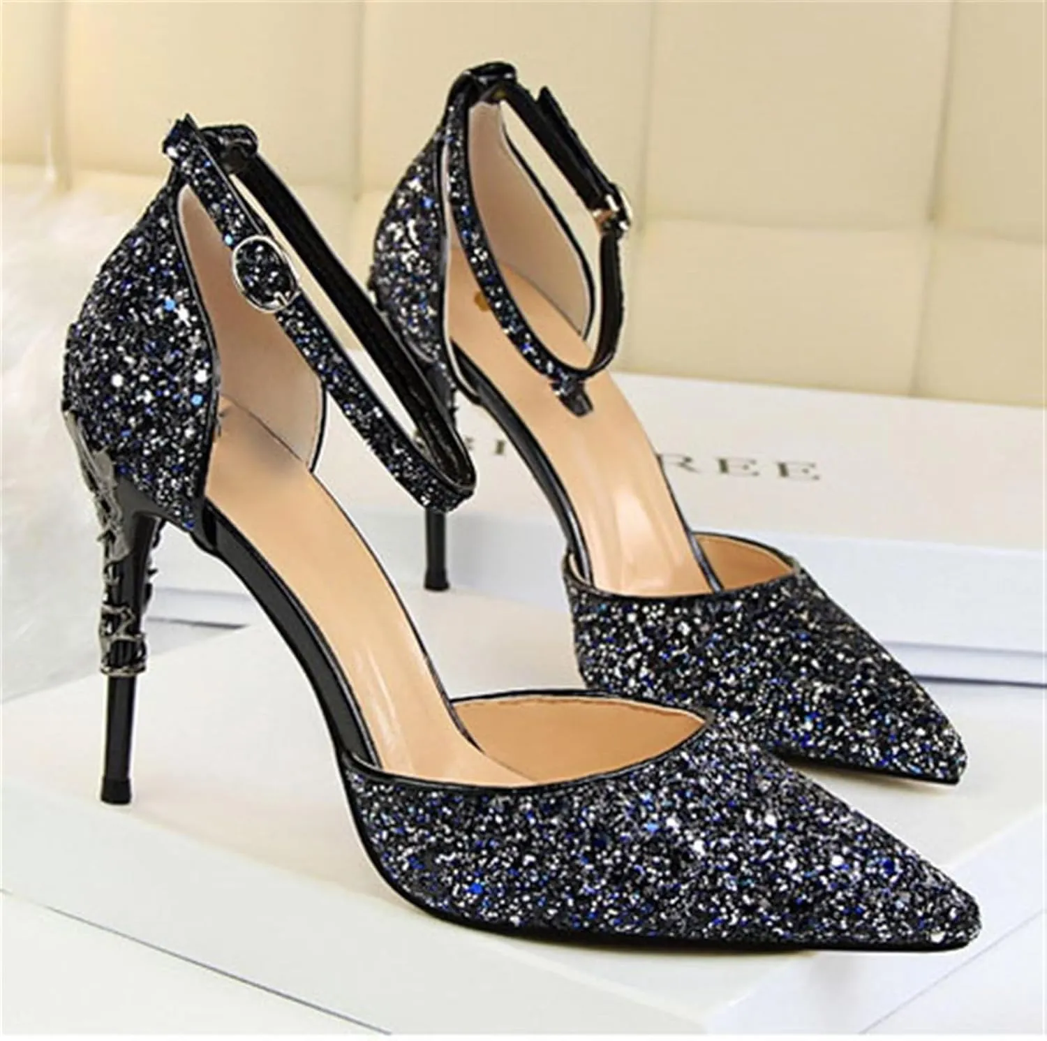 Womens Shiny Sequins High Heels Pointed Toe Ankle Strap Stiletto Pumps Sandals Sexy Wedding Party Dress Shoes