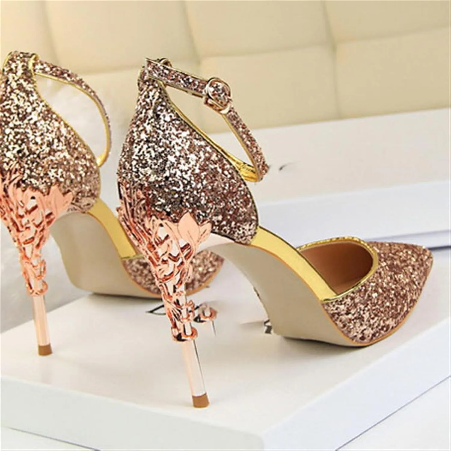 Womens Shiny Sequins High Heels Pointed Toe Ankle Strap Stiletto Pumps Sandals Sexy Wedding Party Dress Shoes