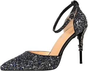 Womens Shiny Sequins High Heels Pointed Toe Ankle Strap Stiletto Pumps Sandals Sexy Wedding Party Dress Shoes