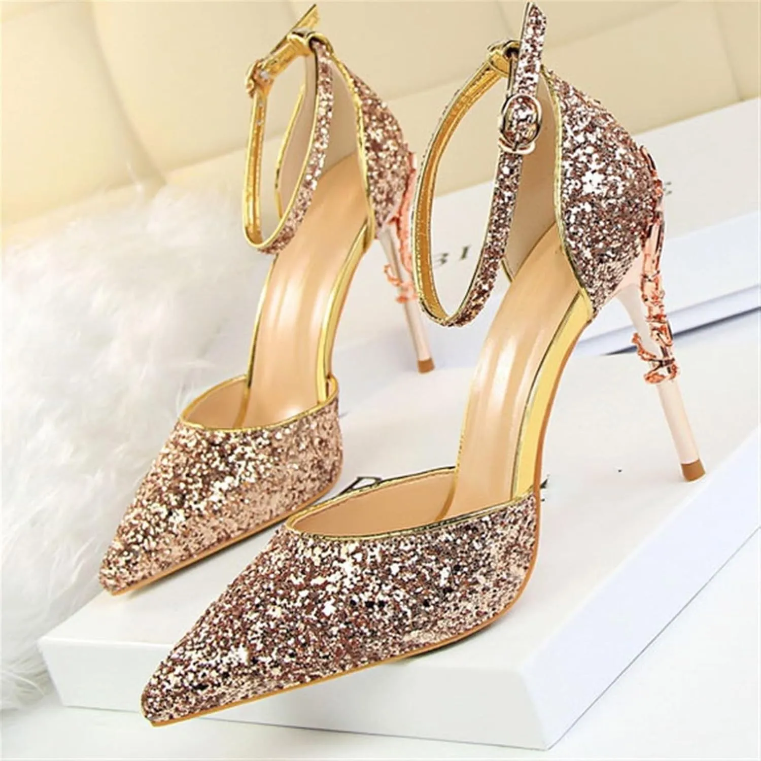 Womens Shiny Sequins High Heels Pointed Toe Ankle Strap Stiletto Pumps Sandals Sexy Wedding Party Dress Shoes