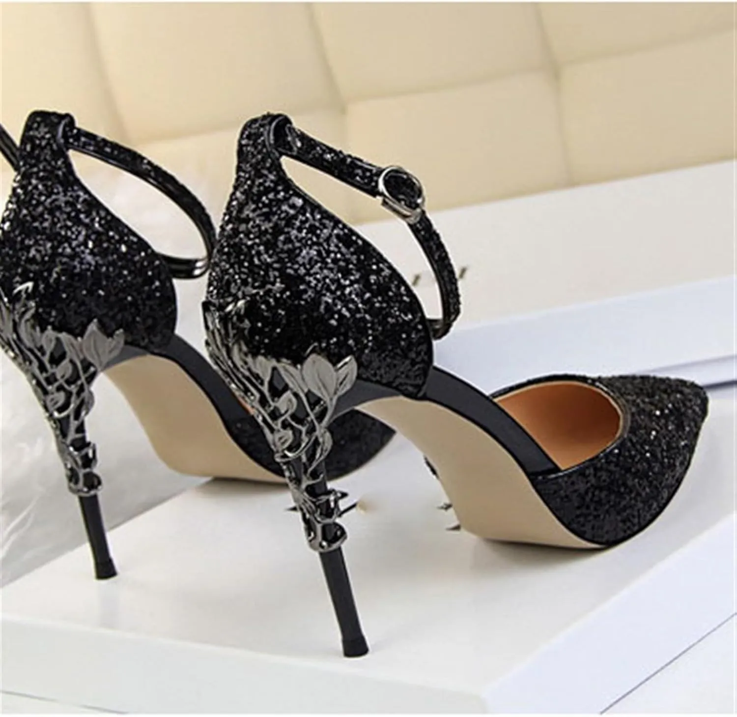 Womens Shiny Sequins High Heels Pointed Toe Ankle Strap Stiletto Pumps Sandals Sexy Wedding Party Dress Shoes