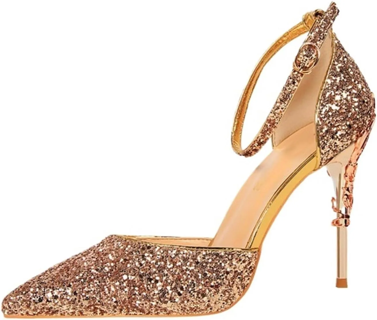 Womens Shiny Sequins High Heels Pointed Toe Ankle Strap Stiletto Pumps Sandals Sexy Wedding Party Dress Shoes